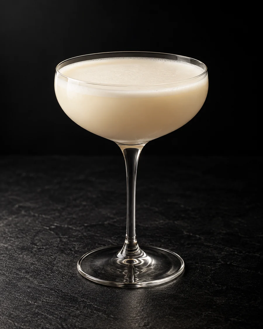 pale opaque ivory Goat’s Delight in a coupe without ice or garnish.