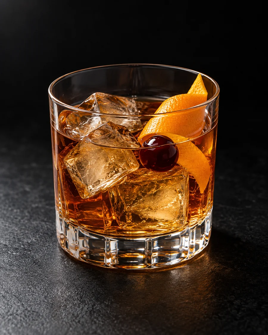Amber cocktail in a rocks glass over cubed ice, orange peel and one dark cherry.
