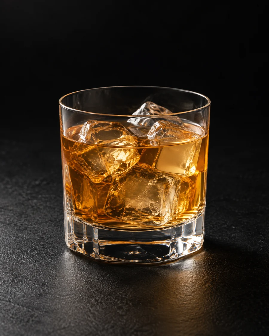 Clear amber Godmother in a rocks glass over ice cubes, no garnish.