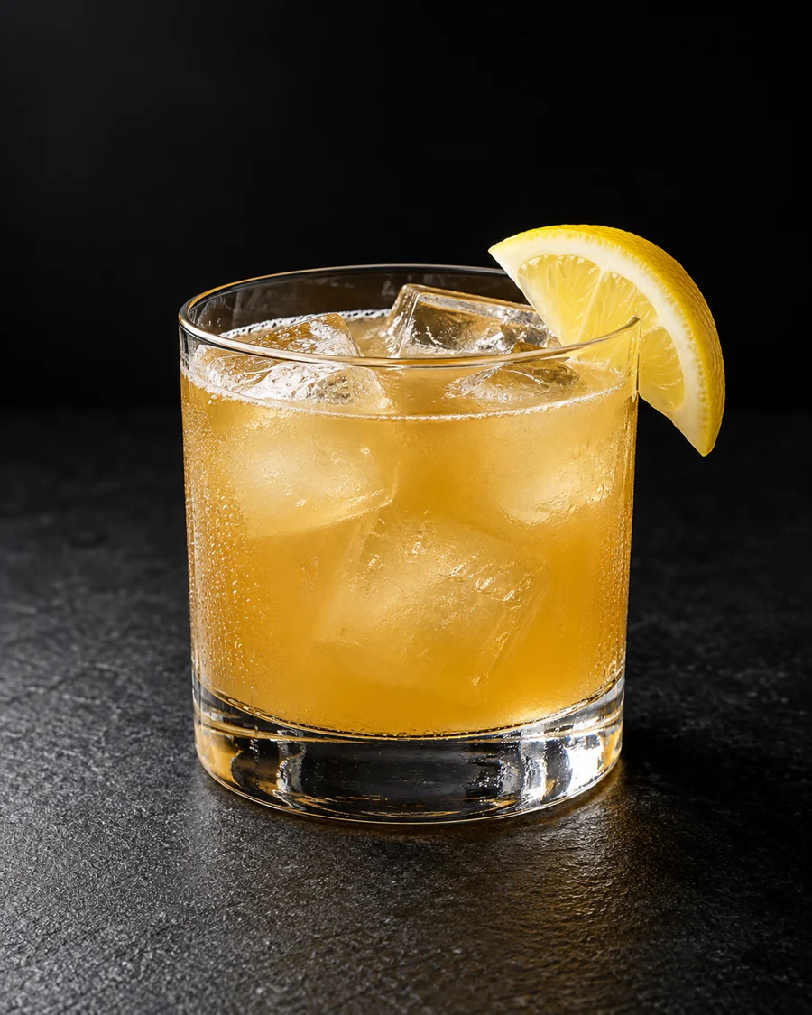 Cloudy golden cocktail in a rocks glass over cubed ice, lemon wedge on the rim.