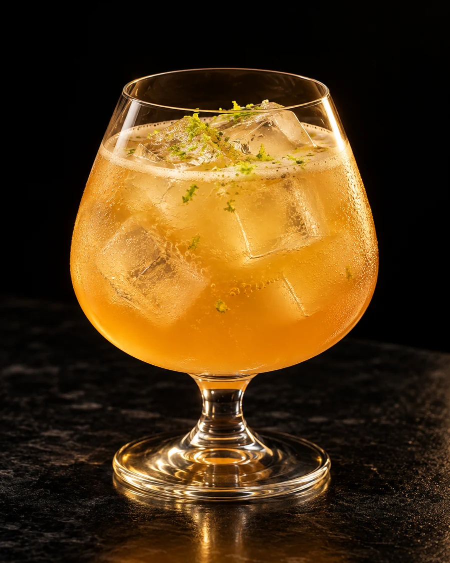 Golden Beautiful. Snifter with fresh cubed ice, golden-orange effervescent citrus body and grated lime zest.