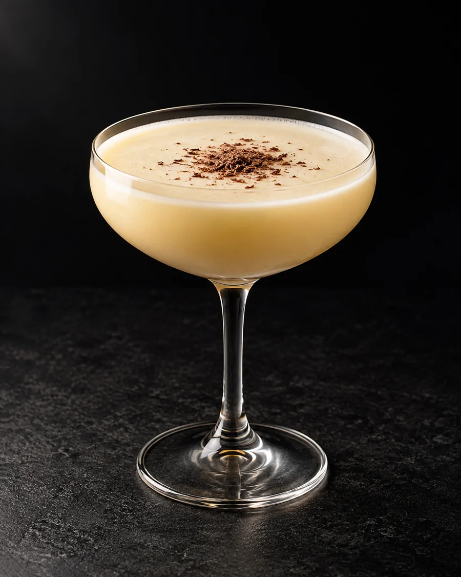 Pale ivory-gold Golden Cadillac in a coupe with fine dark chocolate shavings, no ice.