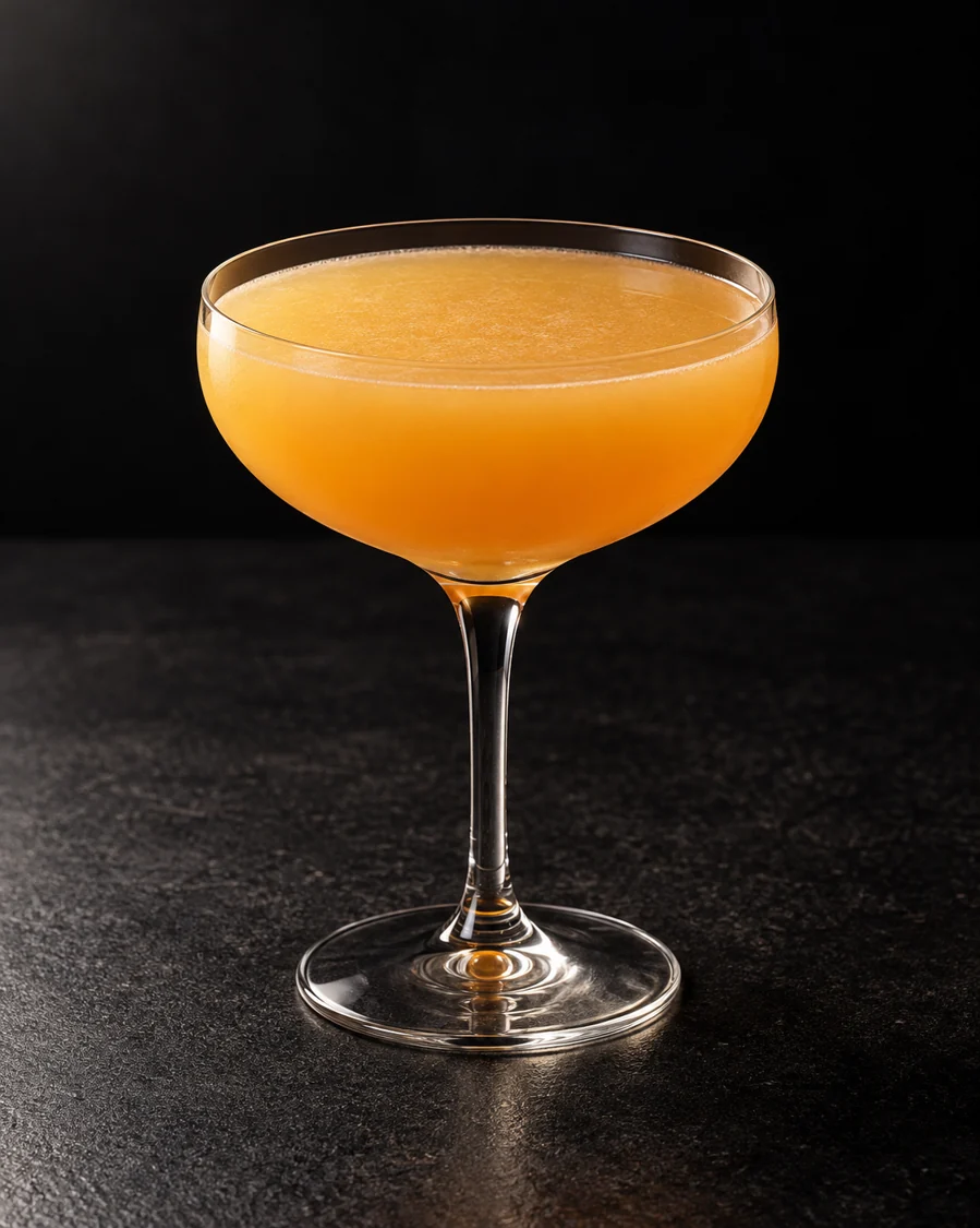 cloudy golden-orange Golden Dawn in a coupe without ice or garnish.