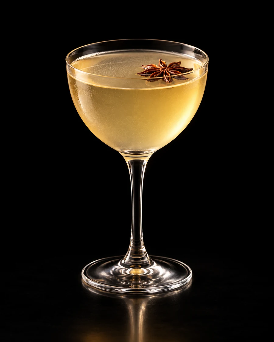 Golden Ghost in a nick-and-nora, serve without ice, with One star anise pod, against a black background.