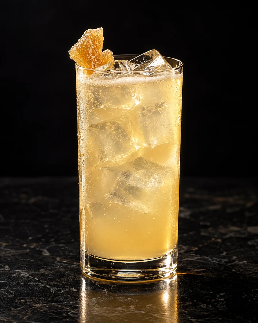 Golden Oni. Highball, cubed serving ice, pale golden yuzu-ginger drink with prepared candied ginger garnish.