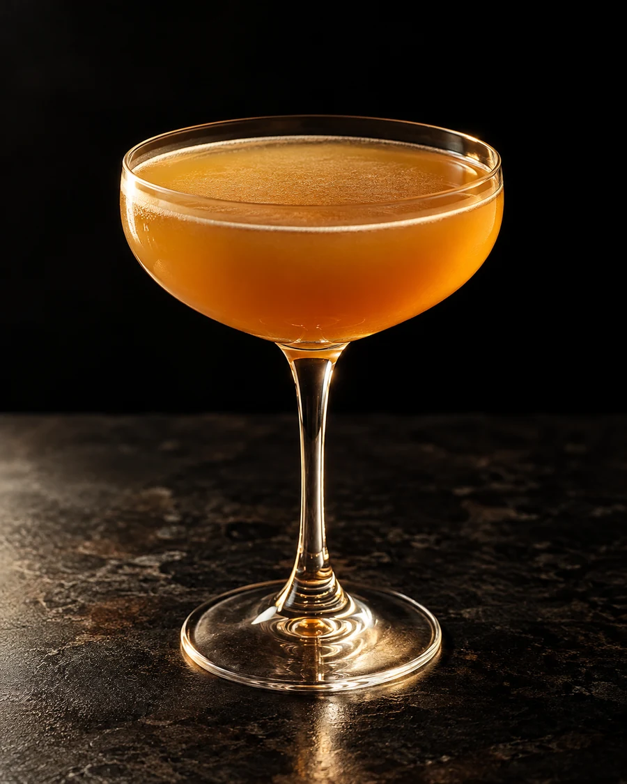 Golden Pineapple: Golden shaken cocktail in coupe, fine froth, no garnish and no ice.