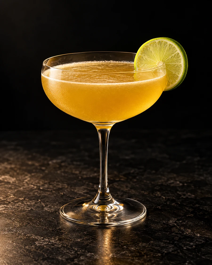 Golden Throne: Vivid golden-yellow cocktail in a stemmed coupe with a green lime wheel, served without ice.