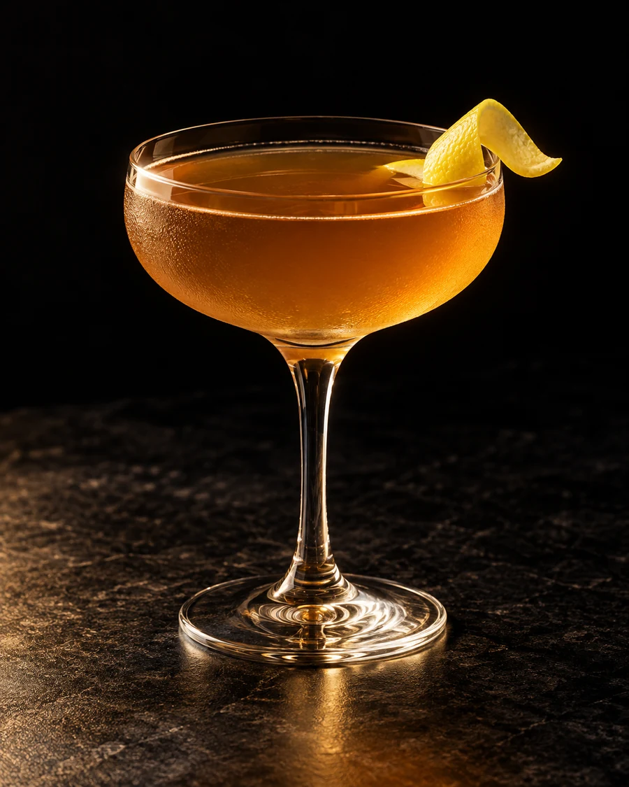 Golden Ticket: Golden amber drink in coupe, lemon twist and no ice.