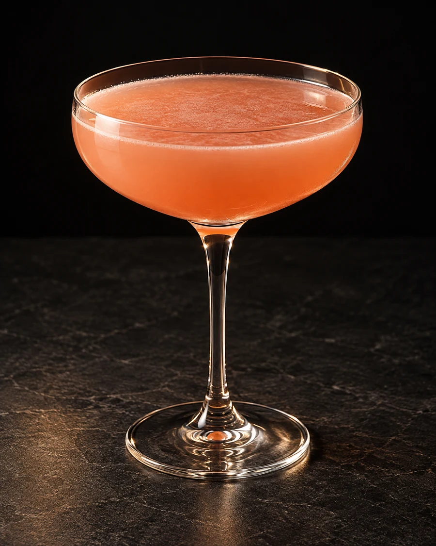 Good Hurt in a coupe glass, without ice, ungarnished, against a black background.