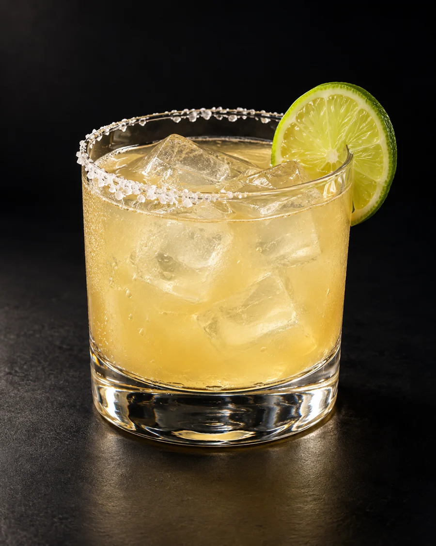 Grand Margarita served in a rocks glass with a lime slice and light salt rim against a black background.