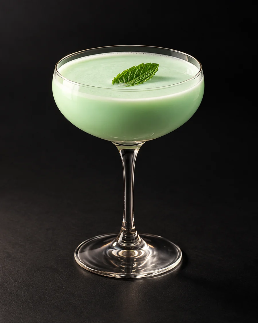 Grasshopper served in a coupe glass with a mint leaf against a black background.