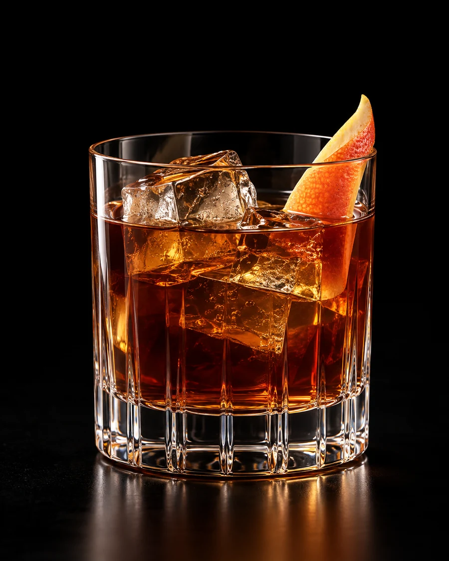 Green & Black Manhattan in a rocks, fresh cubed ice for service, with grapefruit peel, against a black background.