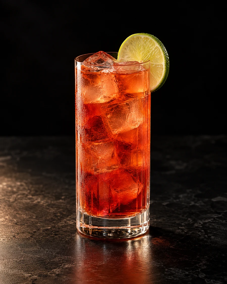 Green Isaac's Negroni: Red-orange cocktail in a tall Collins glass filled with fresh ice cubes and garnished with a lime wheel.