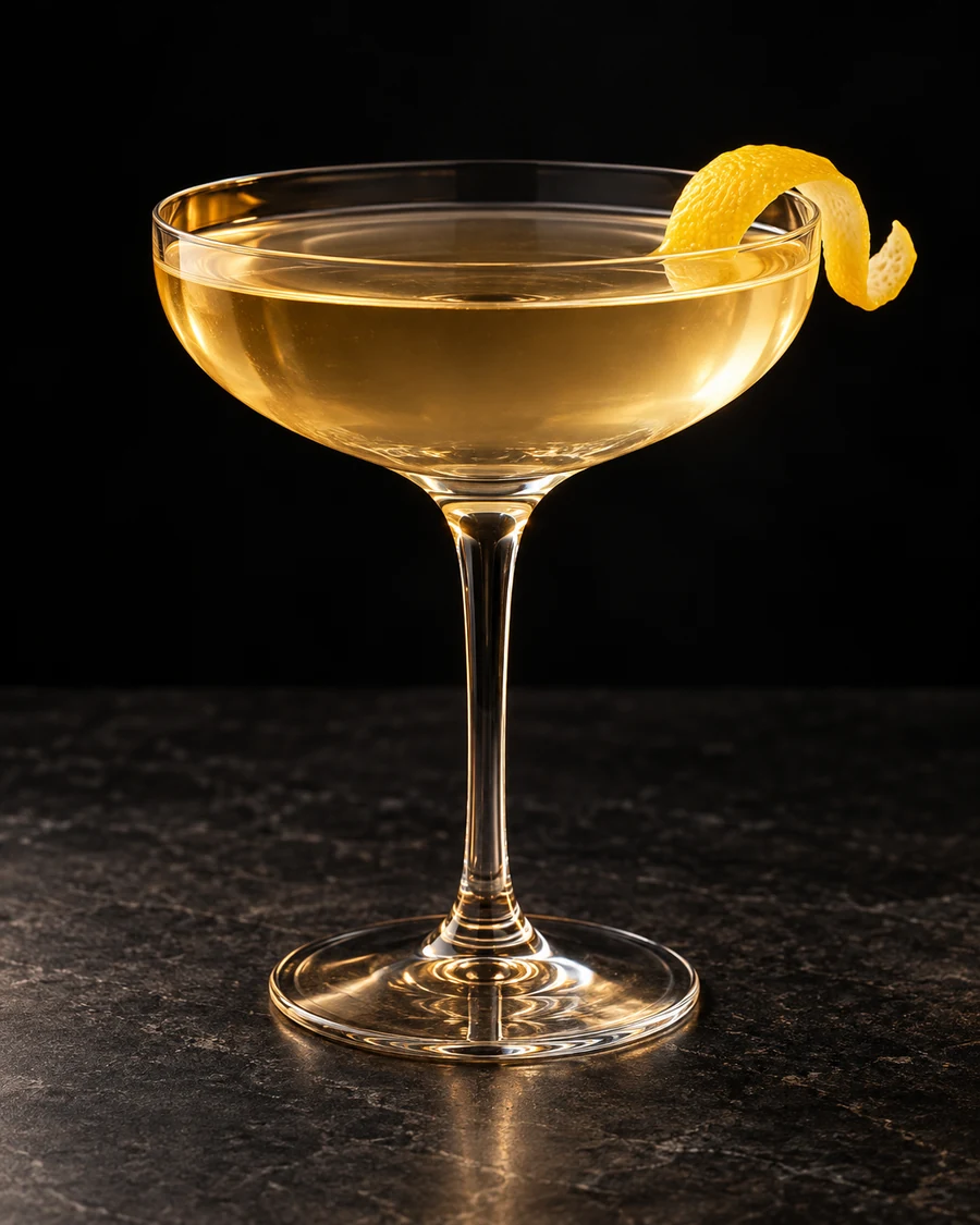 Guadalahara in a coupe glass, without ice, garnished with lemon twist, against a black background.