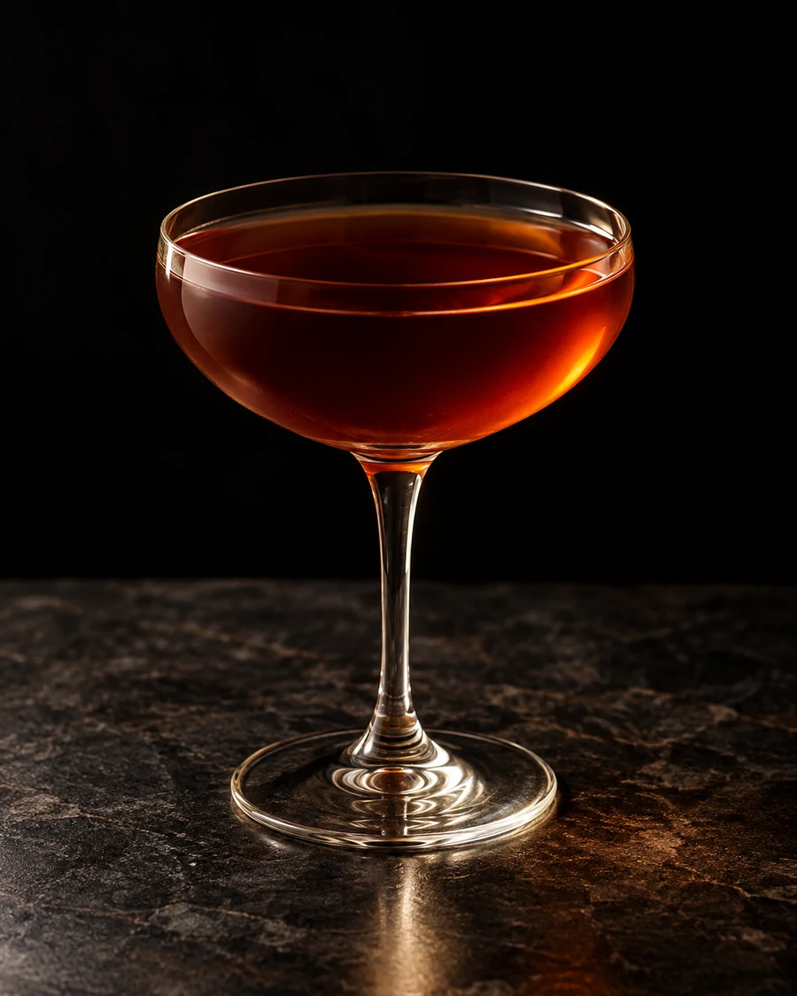 Guns Of Brixton: Deep amber-brown drink in a coupe, no serving ice and no garnish.