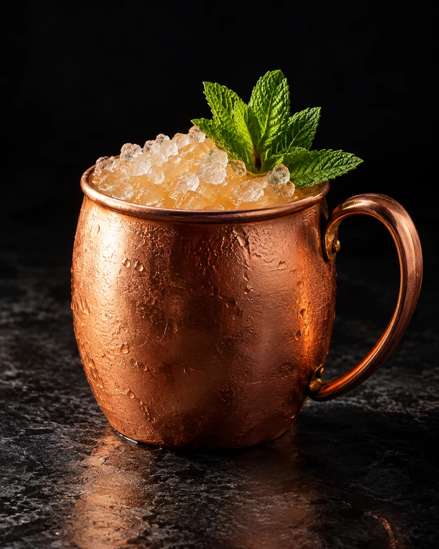 Gunwale Punch: Copper mug filled with a pale golden cocktail, crushed ice, and fresh mint.