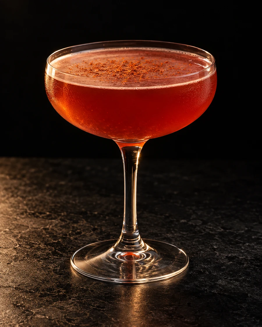 Gusano Rojo: Red-orange shaken drink in intact coupe, fine cayenne garnish on top, no ice.