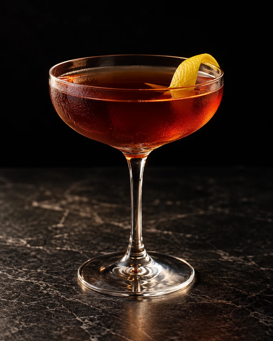 Gustin Gang: Clear dark red cocktail in a stemmed coupe with a lemon twist, served without ice.