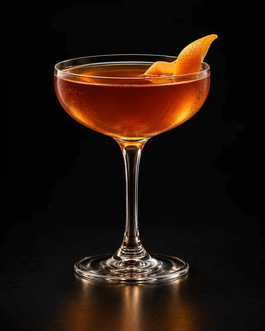 Hackensack in a coupe, serve without ice, with orange peel, against a black background.