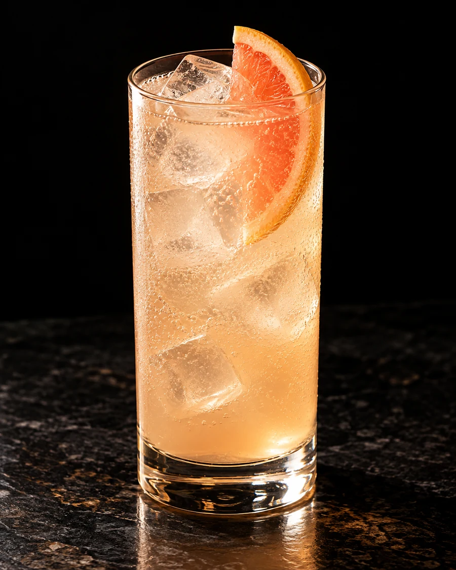 Hanami Highball. Highball, fresh cubed ice, pale pink-gold fizzy body and grapefruit slice; no foam cap.