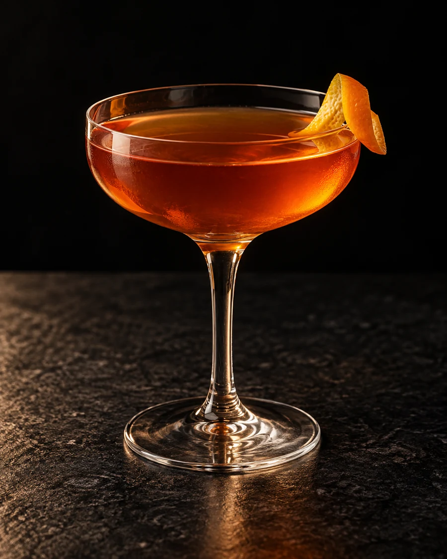 Handcuffed Lightning: Clear amber drink in a coupe, orange twist and no serving ice.