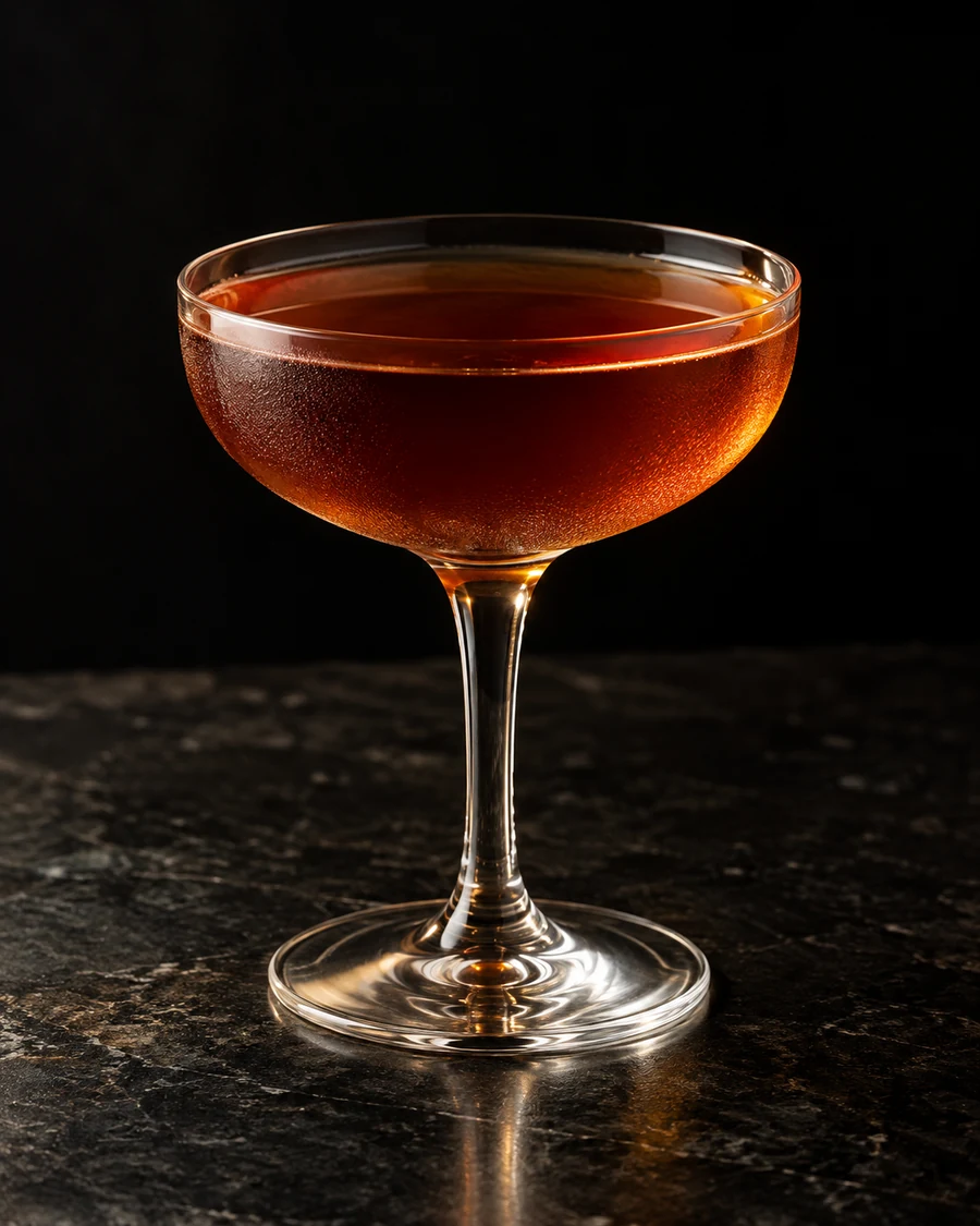 Handsome Bob: Clear deep amber cocktail in a chilled coupe, served without ice or garnish.