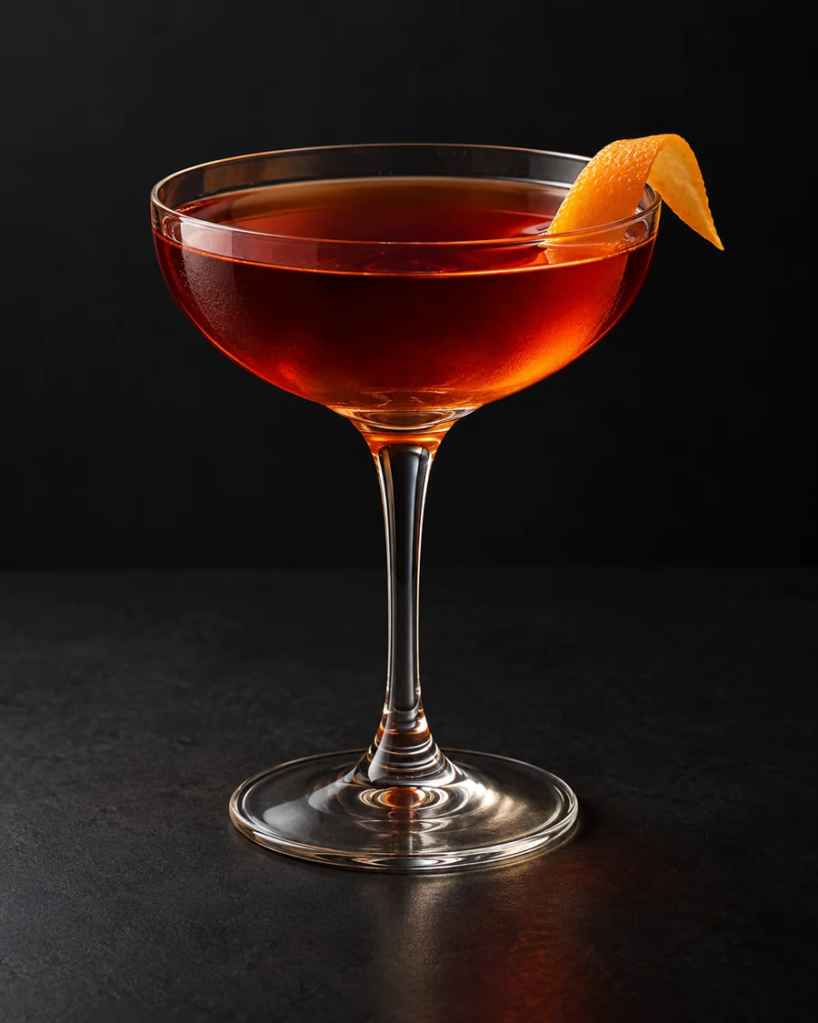 Hanky Panky served in a coupe glass with an orange twist against a black background.