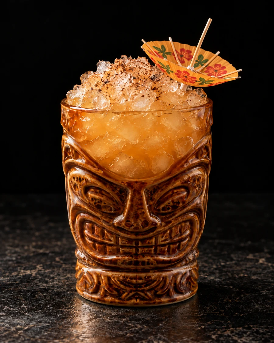 Hariken: Ceramic tiki mug filled with crushed ice and amber tropical drink, topped with grated nutmeg and an inverted orange paper umbrella.
