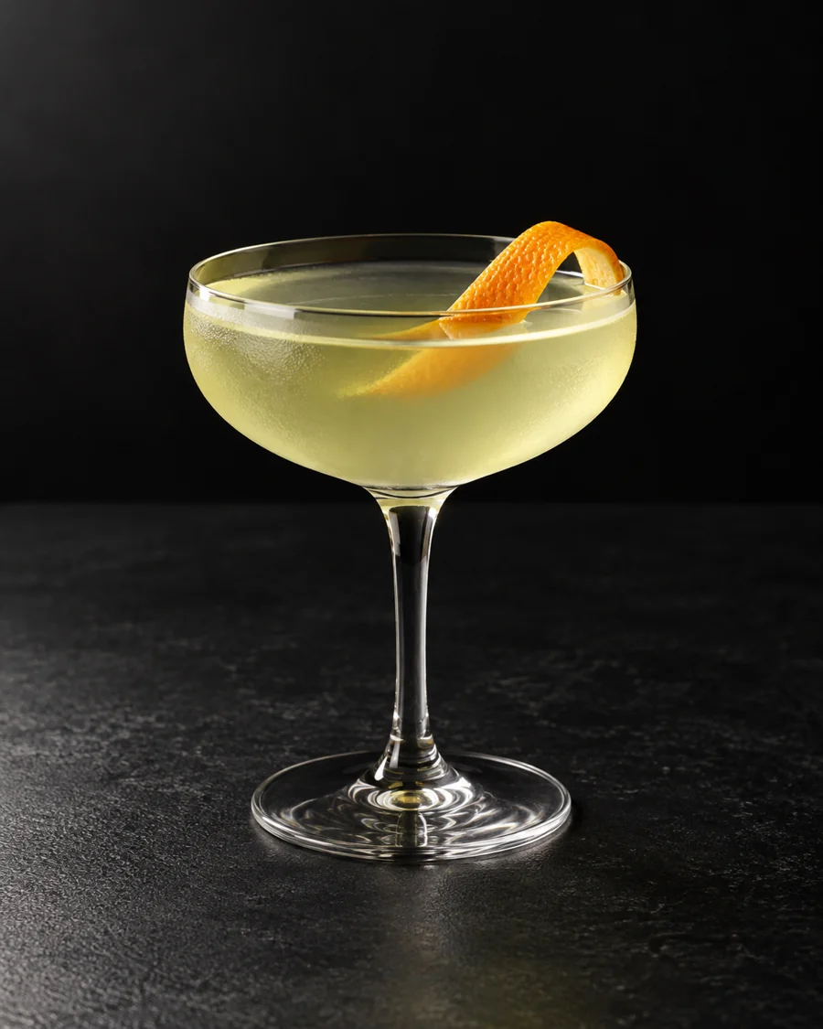 clear very pale yellow-green Harrington in a small coupe with orange twist, no ice.