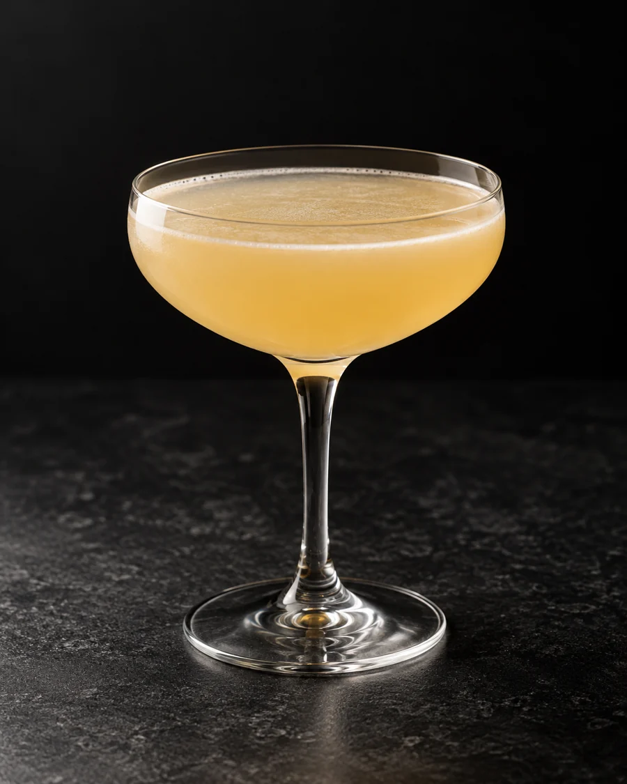 pale cloudy golden Harvest Moon in a coupe without ice or garnish.