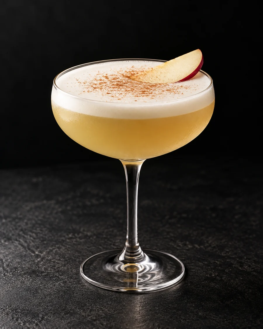 Pale golden sour in a coupe, no ice, white foam with a light cinnamon dusting and one apple slice.