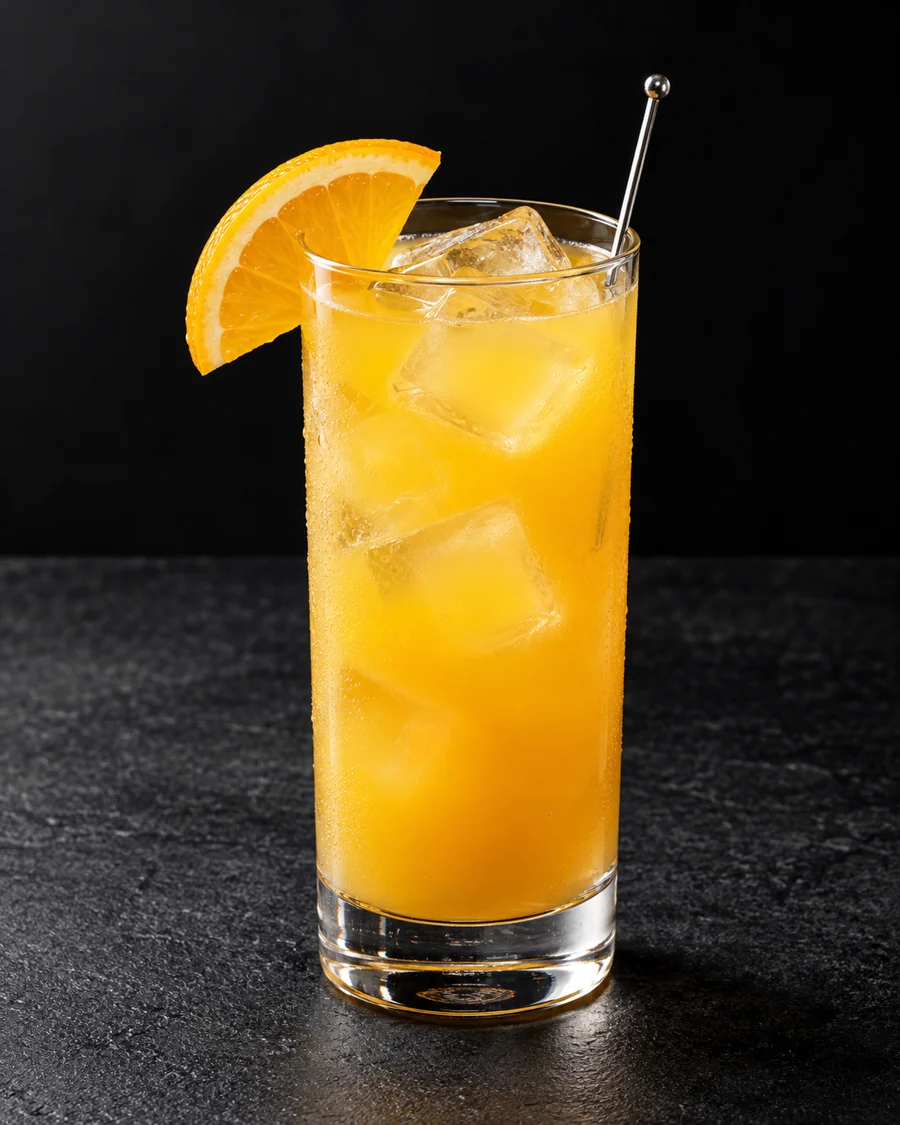 Golden-orange Harvey Wallbanger over ice in a highball, orange slice garnish.