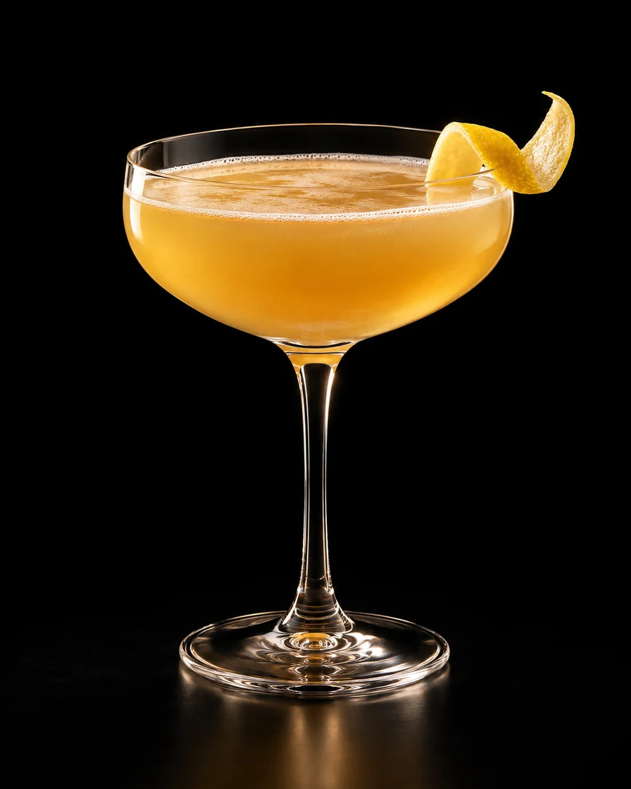 Havana Cocktail in a coupe, serve without ice, with lemon peel, against a black background.