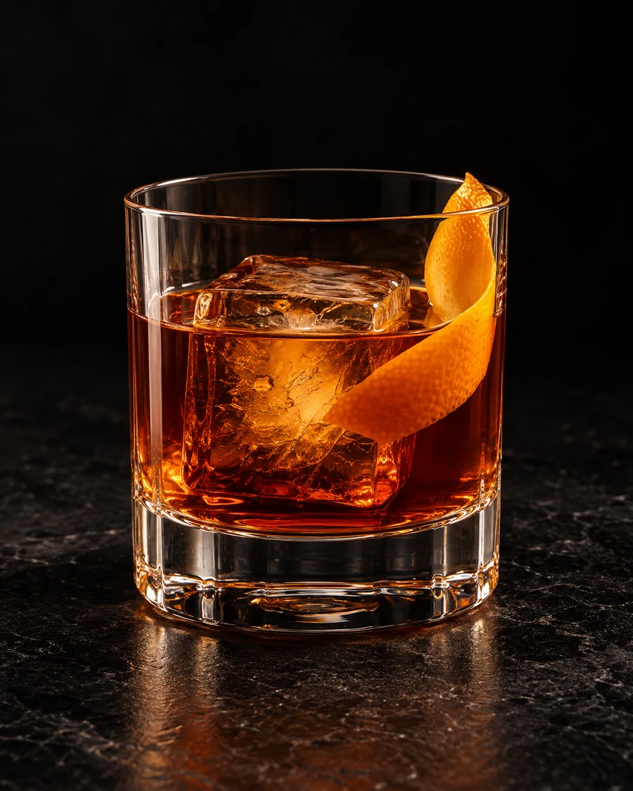Hell Haggerty in a rocks glass, over one large ice cube, with orange twist, against a black background.
