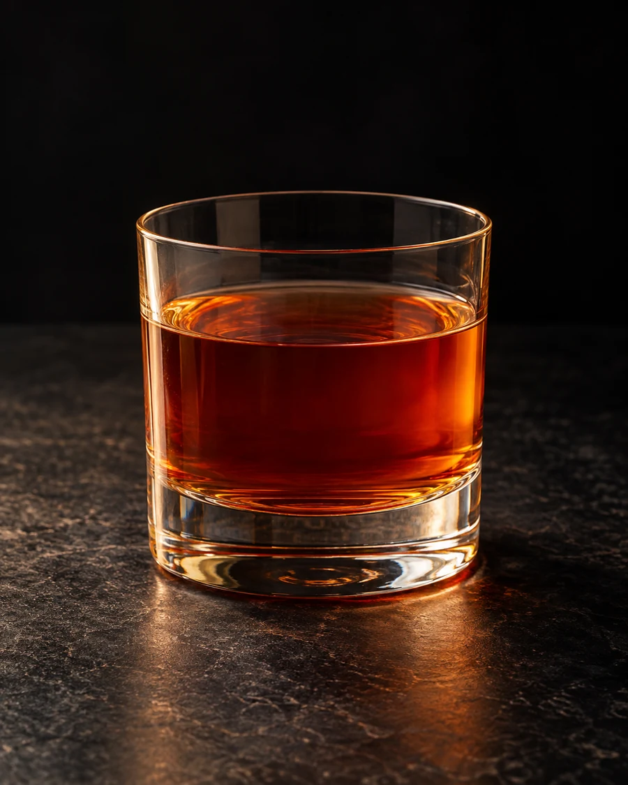 Henry's Dream: Amber-brown drink in a rocks glass, no serving ice and no garnish.