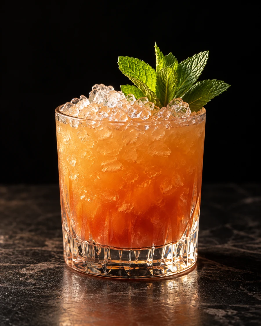 Hercules: Orange-red cocktail in a rocks glass filled with crushed ice and garnished with mint sprigs.
