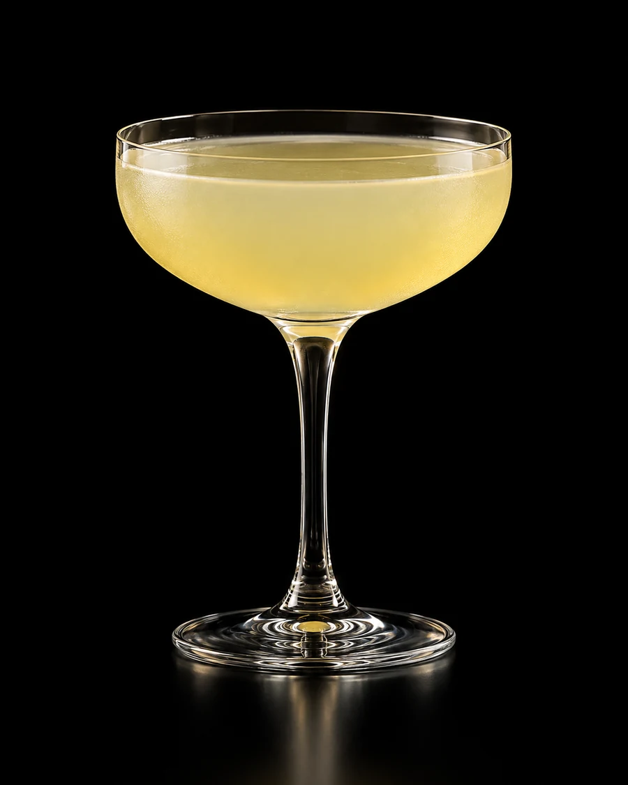 Hey Heywood!: Pale cloudy lemon-yellow cocktail in a clear coupe, served without ice or garnish against a black background.