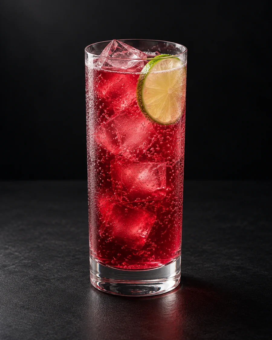 Hibiscus Ginger Sparkler served in a highball glass with a lime wheel against a black background.