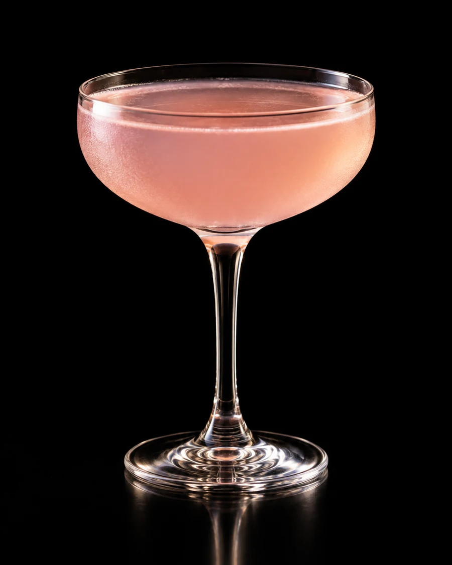 Hold The Line: Pale blush-pink cocktail in a clear coupe, served without ice or garnish against a black background.