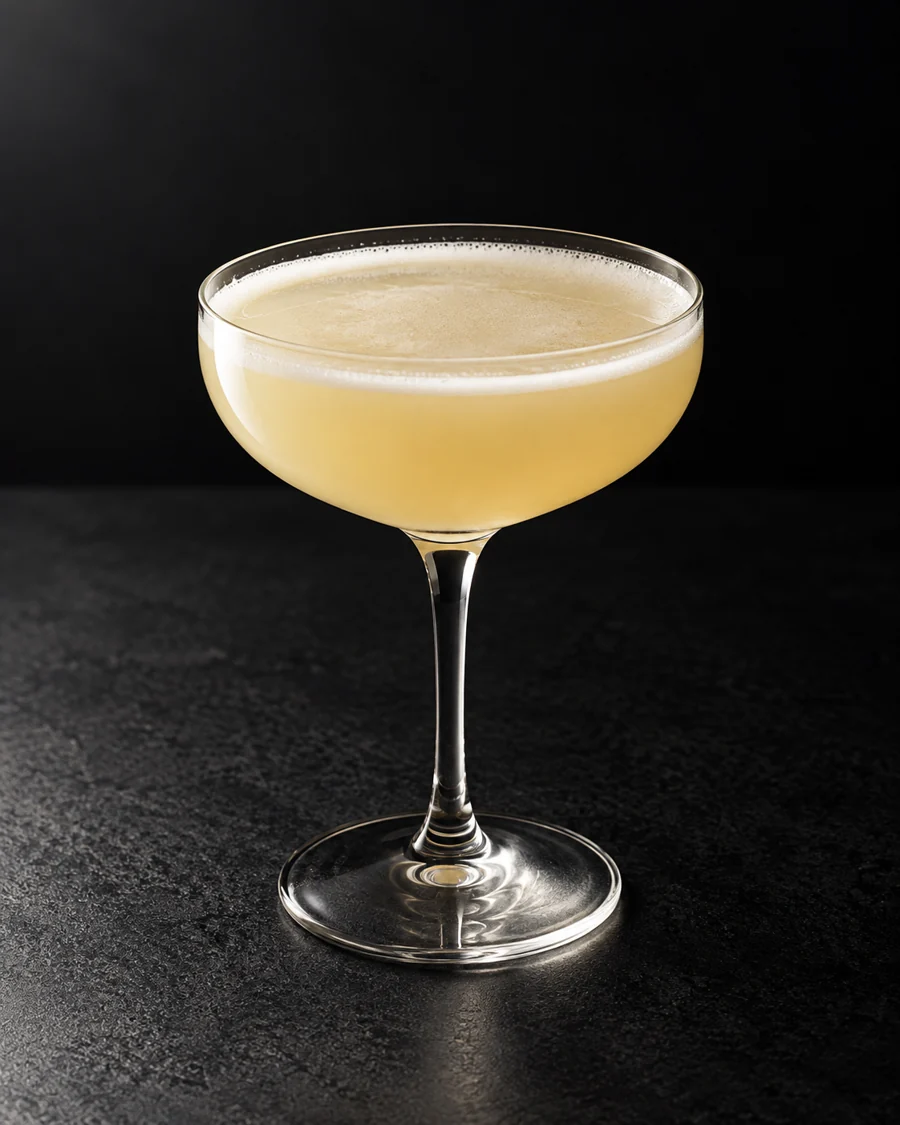 Pale cloudy straw Holland House in a coupe with a thin pineapple foam edge, no garnish or ice.