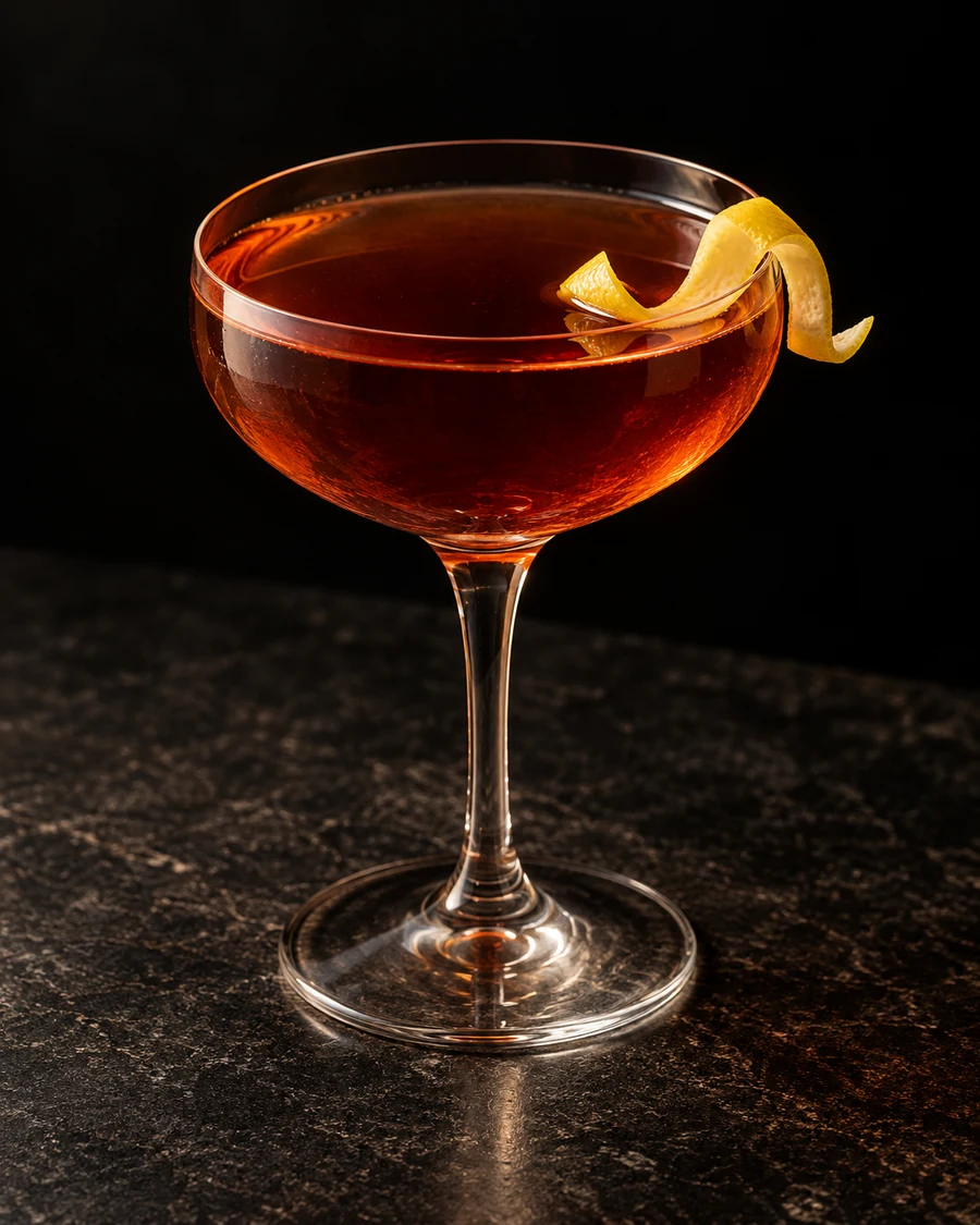 Hope Is A Waking Dream: Brown drink in coupe, lemon twist, no ice.