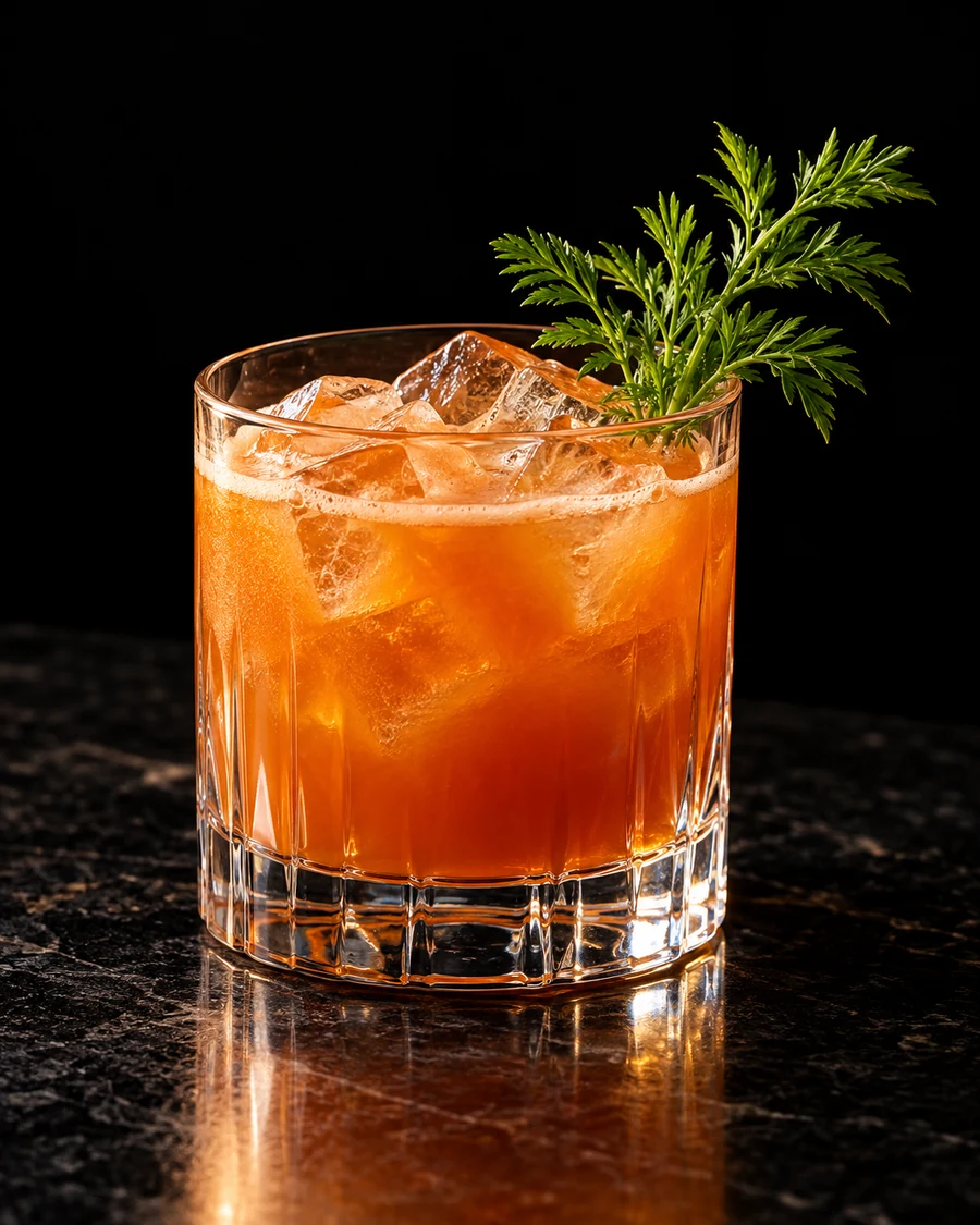 Hoppy Hour. Rocks glass with cubed ice, orange carrot/blood-orange body and fresh feathery carrot-top garnish.