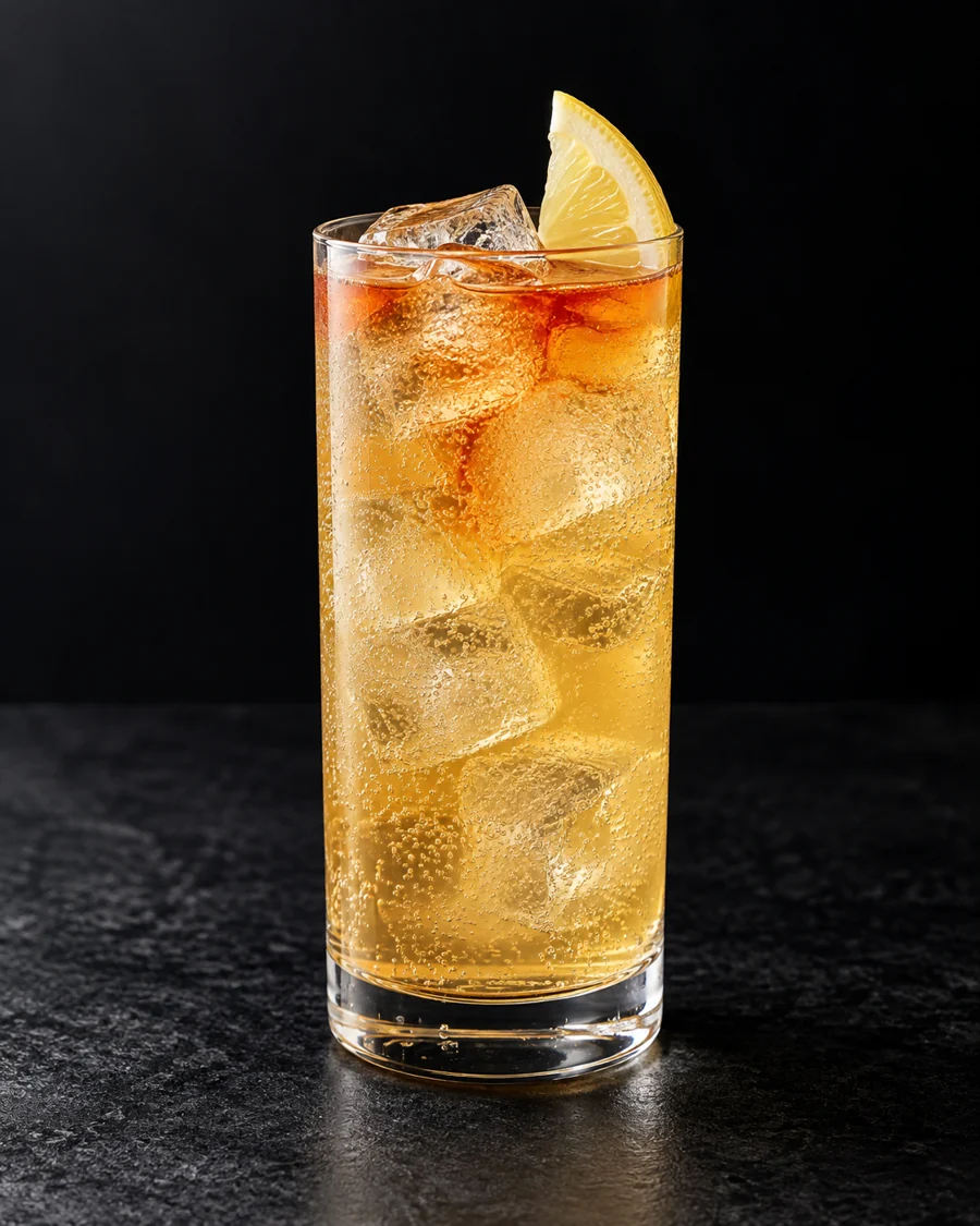 Tall golden drink in a Collins glass over cubed ice, darker bitters at the surface and a lemon wedge.