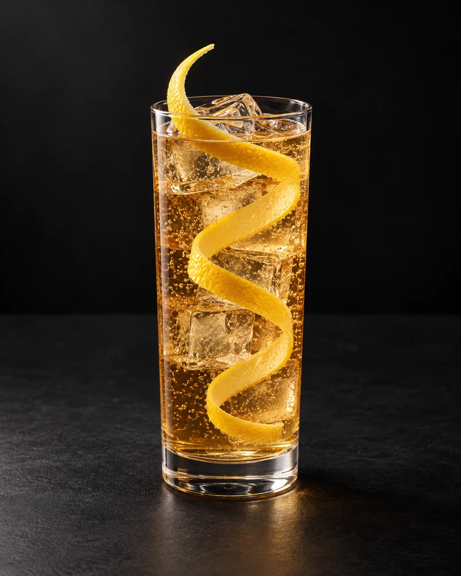 Horse's Neck served in a highball glass with a long lemon-peel spiral against a black background.