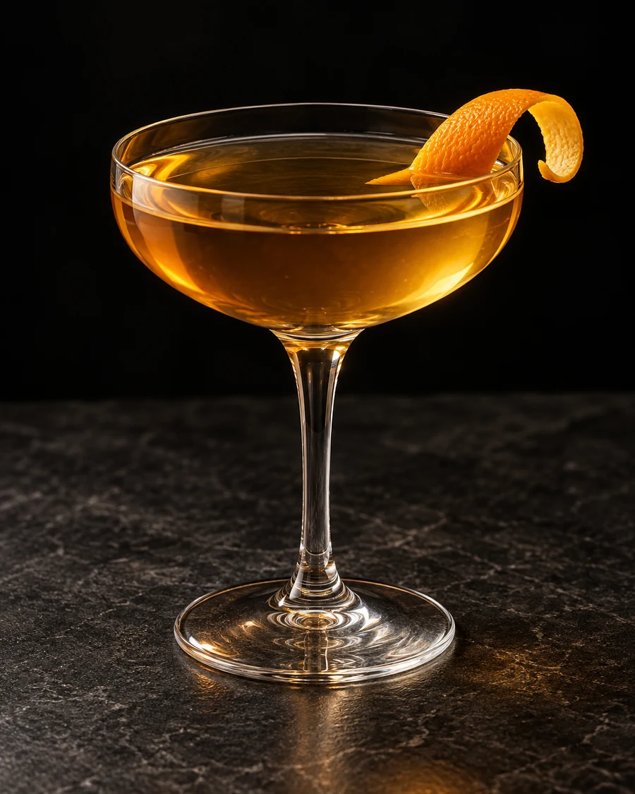Hoskins in a coupe glass, without ice, garnished with orange peel, expressed without flame, against a black background.
