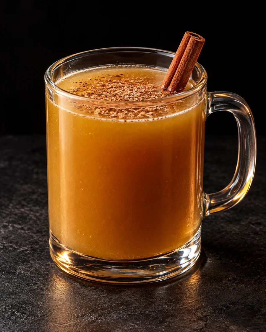 Hot Buttered Rum in a handled mug, with ice cubes, garnished with freshly grated nutmeg and an optional cinnamon stick, against a black background.