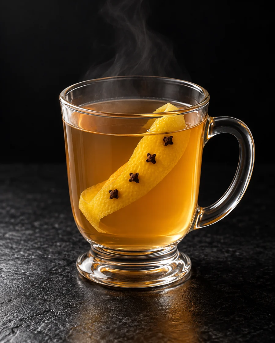 Light amber warm drink in a heatproof handled mug, no ice, lemon twist with four cloves.