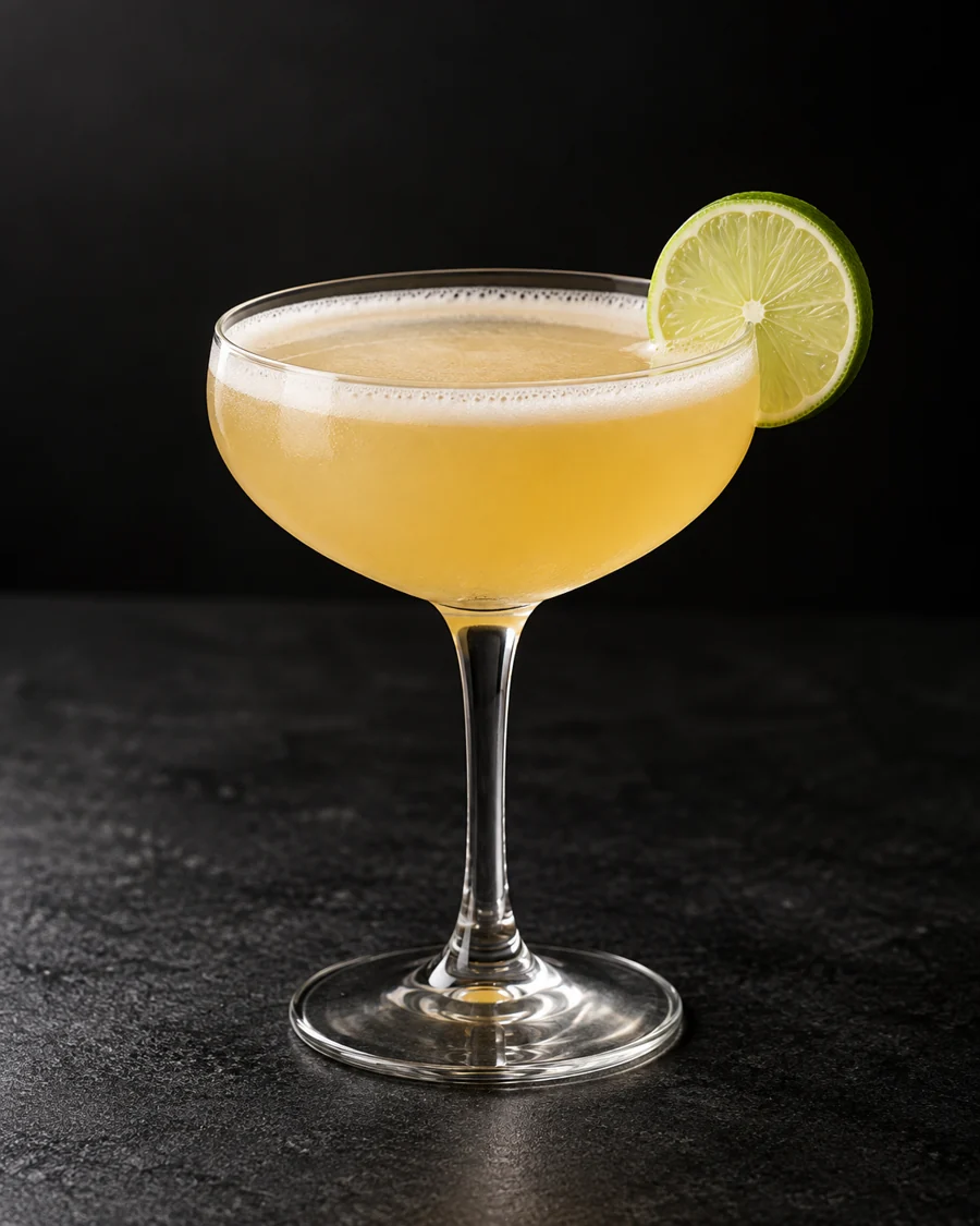 Pale golden Hotel Nacional with a thin pineapple foam edge in a coupe, lime wheel, no ice.
