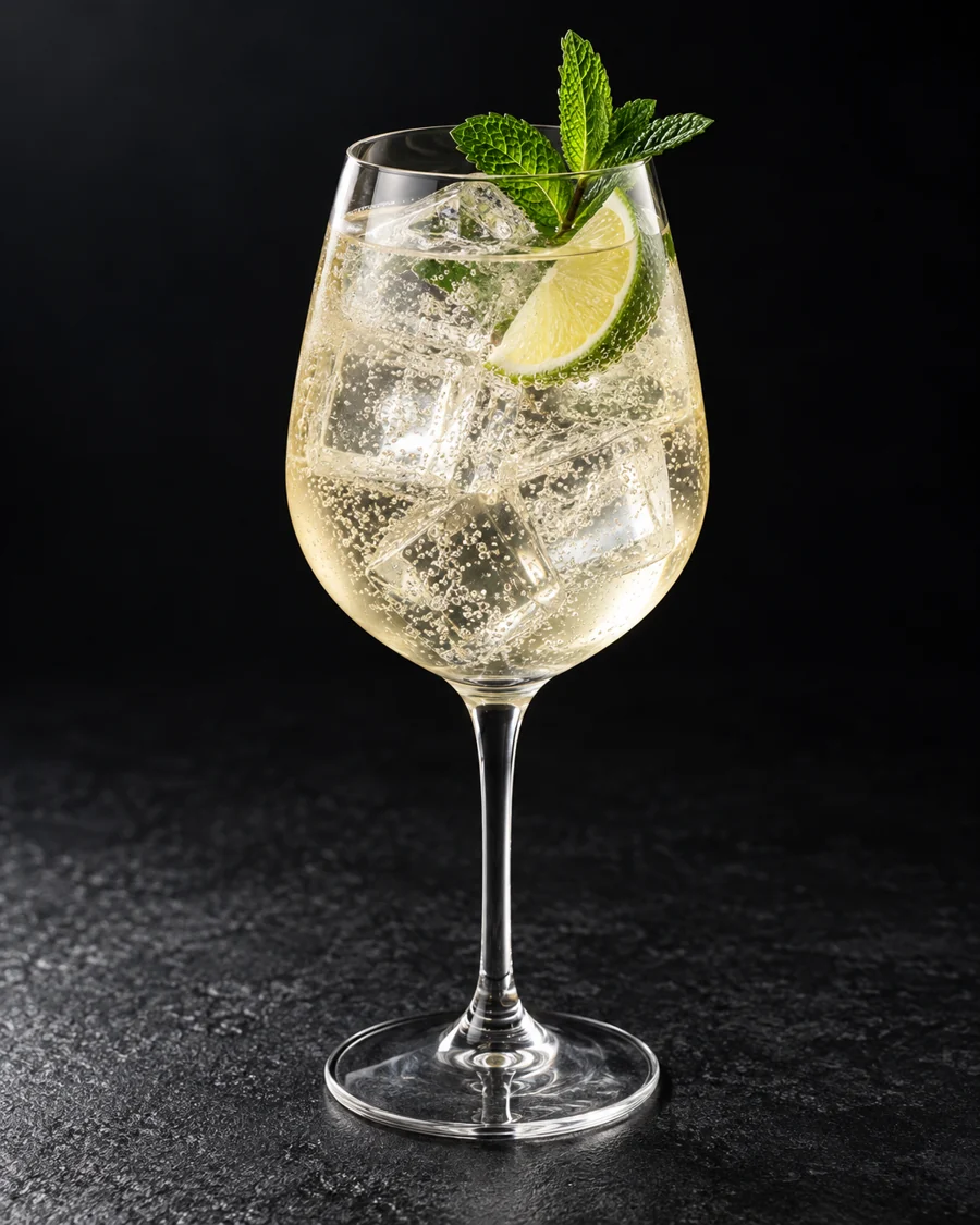 Nearly clear pale straw Hugo Spritz in an ice-filled wine glass with a mint sprig and lime wedge.