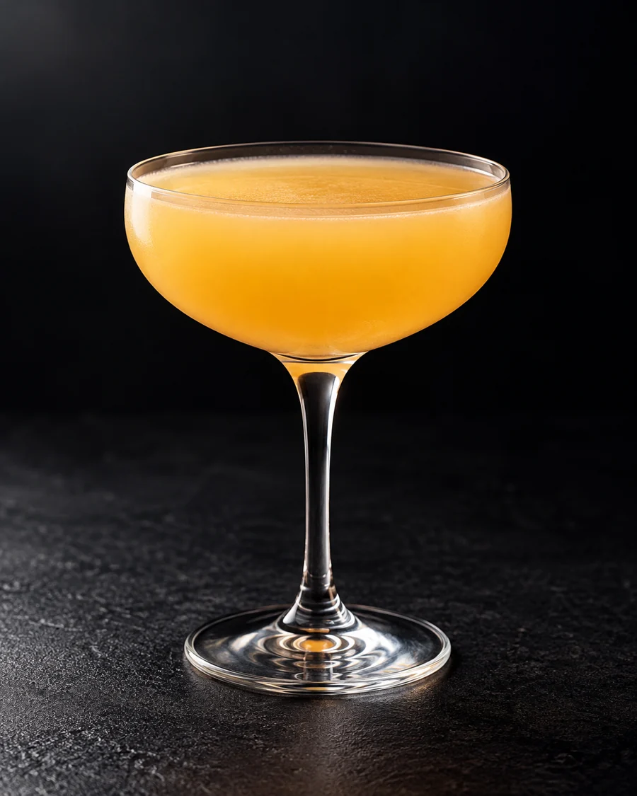 cloudy pale orange Hula Hula in a coupe without ice or garnish.